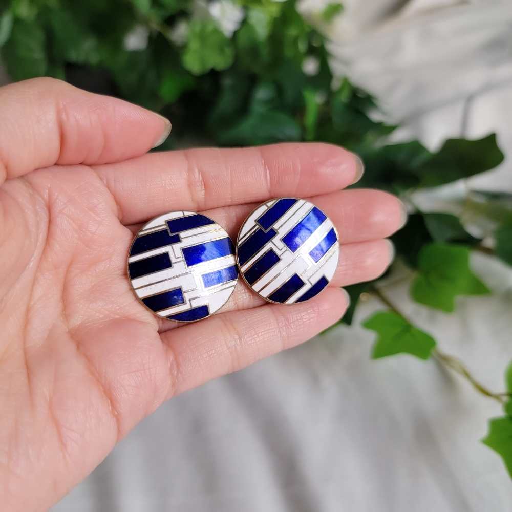 80s Cobalt Blue Geometric Circle Earrings